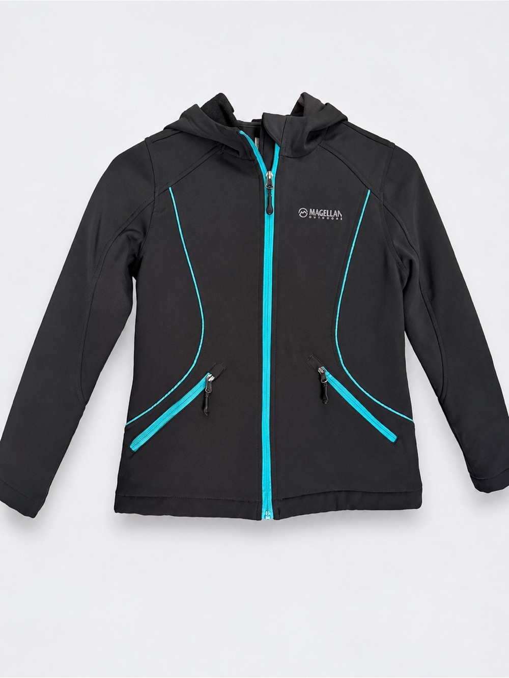 Magellan Outdoors Girls L 12/14 Hooded Softshell Jacket Black Turquoise